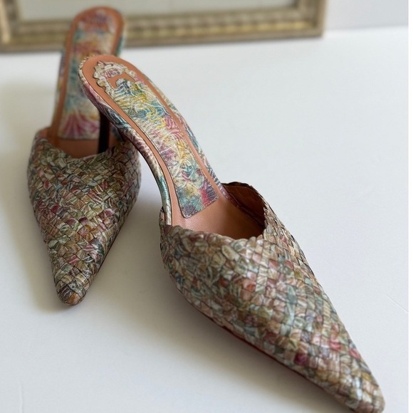 Mikaela Shoes - Mikaela Woven Leather Floral Pointed Toe Mules Multicolored Stiletto Heels